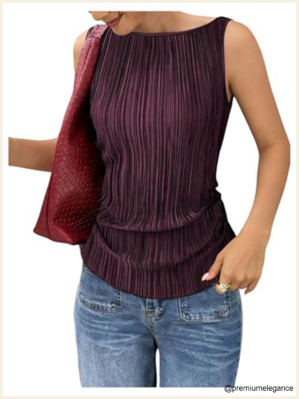 Pleated Tank Tops Boat Neck Sleeveless Lace Up Back Blouses